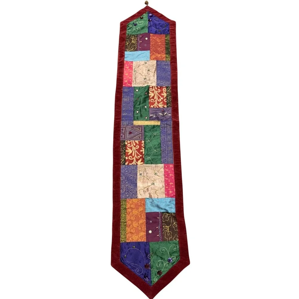 READ Vintage Pier 1 Imports Patchwork Beaded Table Runner 14x68 Boho Embroidery
